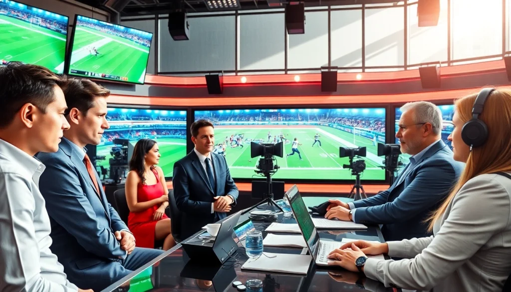 Engaging sports broadcasting scene with commentators discussing live events.