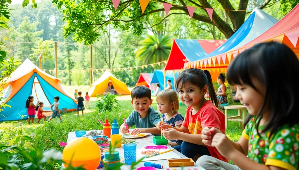 Children enjoying various activities at holiday camps surrounded by nature and colorful tents.