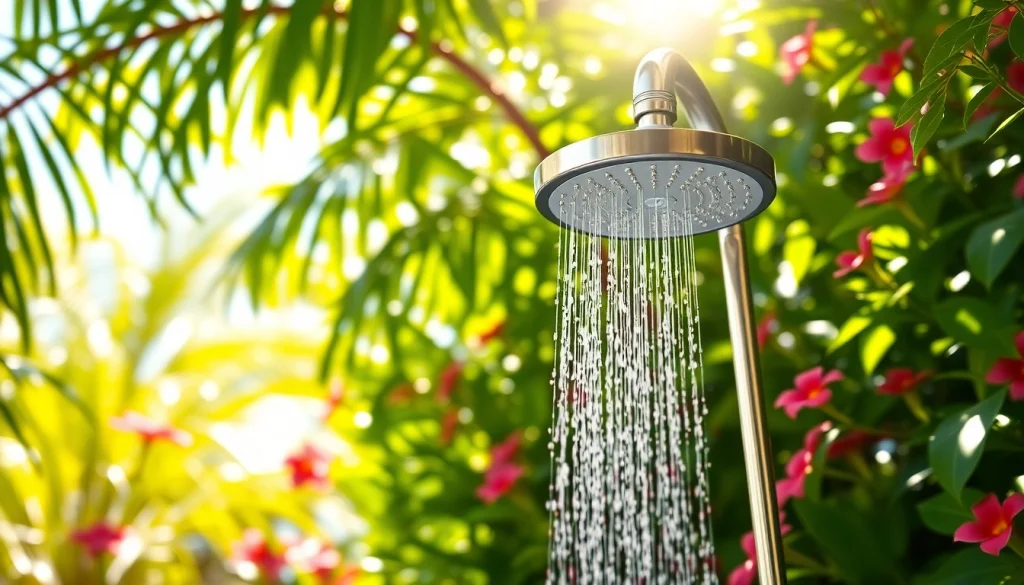 Enhance outdoor relaxation with Sunny Shower USA's stylish shower amidst a tropical paradise.