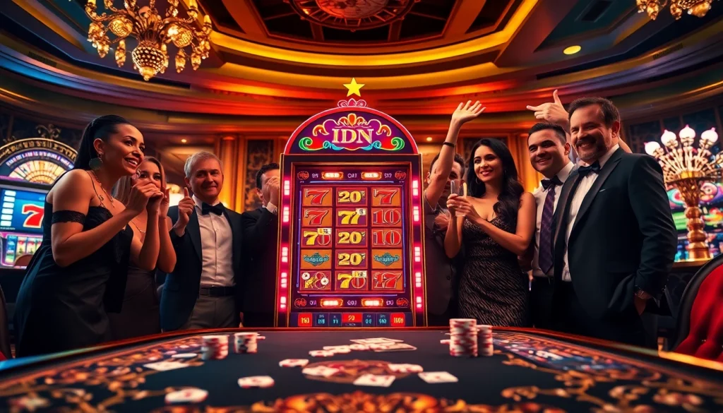 Players celebrate a win at an idn slot machine in a luxurious casino environment.