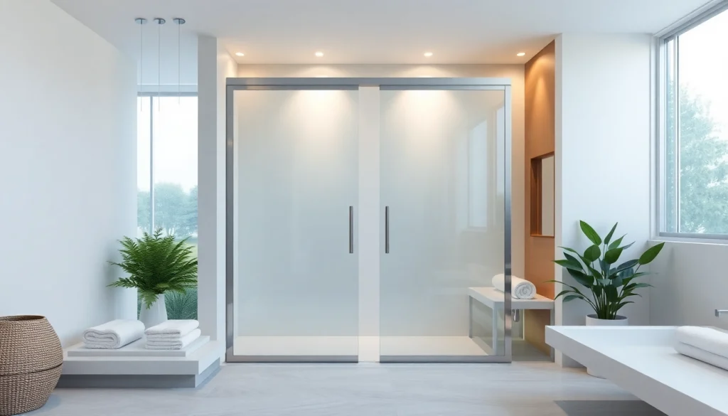 Showcasing elegant sliding shower doors in a modern bathroom with a serene spa-like atmosphere.