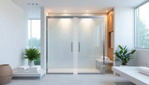 Showcasing elegant sliding shower doors in a modern bathroom with a serene spa-like atmosphere.