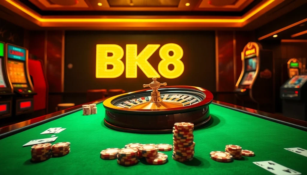 Players enjoying a thrilling game at BK8 casino with poker chips and roulette wheel.