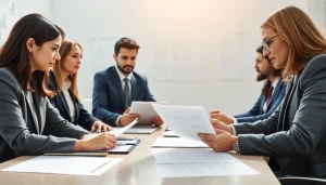 Consultants discussing FCPA/DCAA/Flowdown/ITAR/EAR compliance in a modern office setting.