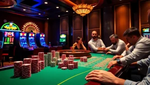 Excitant casino en ligne français avec des joueurs à une table de poker luxueuse et des machines à sous vibrantes.