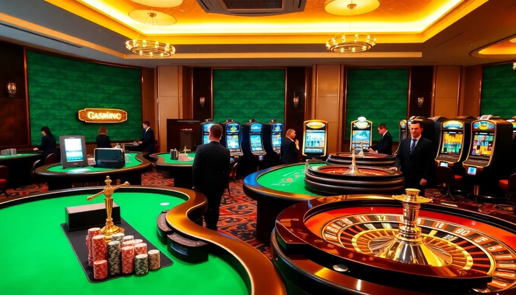 Joueurs engagés dans un luxueux casino en ligne français avec des tables élégantes et une atmosphère vibrante.