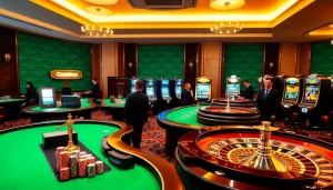 Joueurs engagés dans un luxueux casino en ligne français avec des tables élégantes et une atmosphère vibrante.
