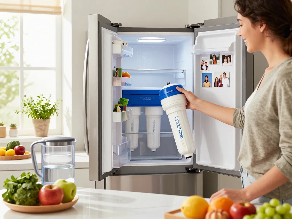 A homeowner happily installs AQUA CREST 644845 Refrigerator Water Filter Replacement for Bosch® Ultra Clarity® 11034152 in a modern kitchen.