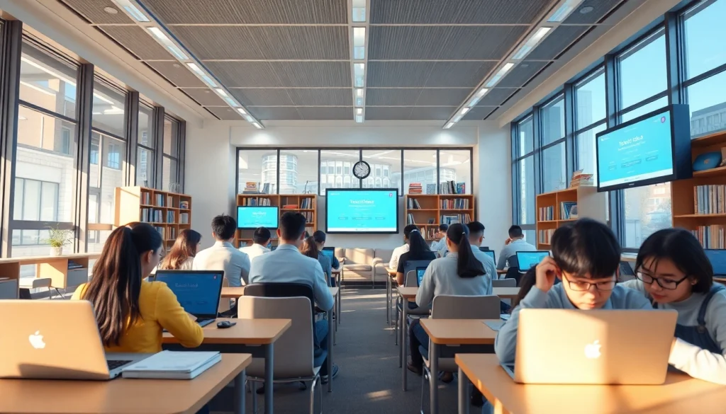 Students using the Youdao digital learning platform in a bright environment