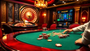 Action palpitante à une table de jeu de casino en ligne français avec des jetons de poker et une roue de roulette.