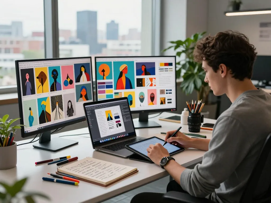 Digital artist using image to prompt ai tools in a modern workspace