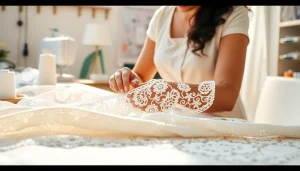 Verken kanten stof per meter met verfijnde details terwijl de naaister werkt.