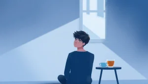 Identify depression symptoms through a portrayal of a person reflecting alone in a calm room.