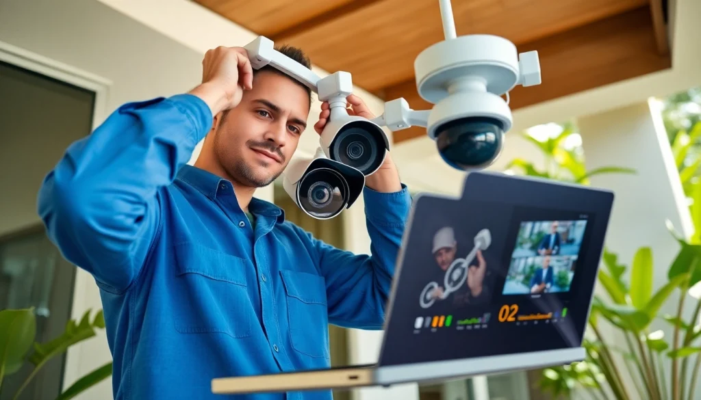 Escena de instalación de cámaras de seguridad en Guanacaste con un técnico trabajando.