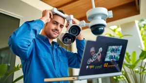 Escena de instalación de cámaras de seguridad en Guanacaste con un técnico trabajando.