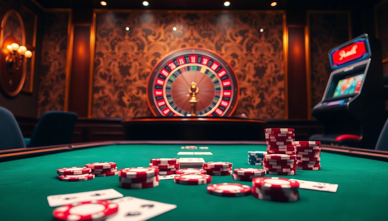 Vivez l'excitation du casino en ligne français avec des jetons vibrants et une roue de roulette lumineuse.
