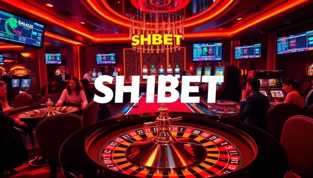 Players enjoying high-stakes games at the SHBET casino, with a vibrant atmosphere and impeccable service.