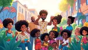 Diverse characters from African American cartoons enjoying a vibrant urban park scene, showcasing cultural richness and joy.