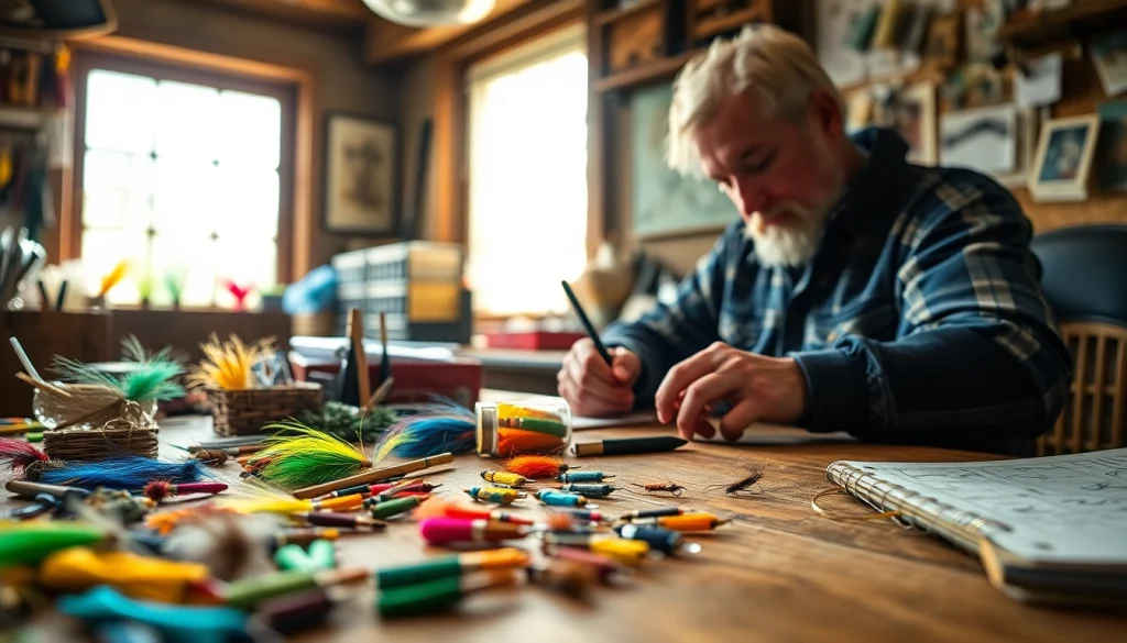 Expert fly tying in a cozy workspace with colorful materials and warm lighting.