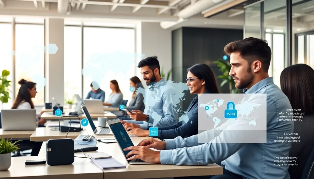 专业人士在科技办公室使用快连VPN，展示全球连接性与安全性。