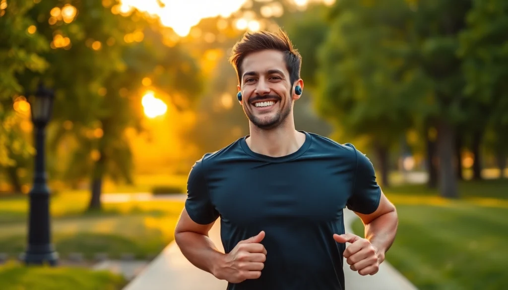 Enjoying a workout with Bone X1 Bone Conduction Headphones in a sunny park.