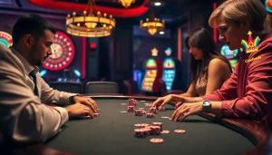 Action de jeu passionnante dans un casino en ligne français avec des joueurs à une table de poker et une roue de roulette en vue.