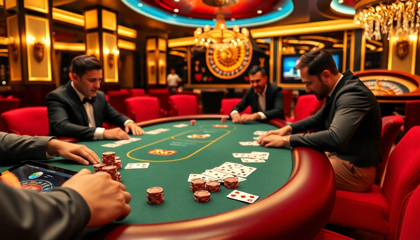 Intense partie de poker mettant en avant le casino en ligne français, des jetons élégants et une roue de roulette.
