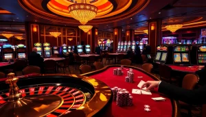 Découvrez l'excitation du casino en ligne français avec des tables élégantes, des machines à sous vibrantes et des joueurs captivés.