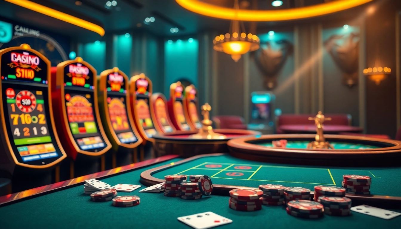 Jouer à des jeux palpitants dans un luxueux casino en ligne français, avec des machines à sous vibrantes et des roues de roulette.