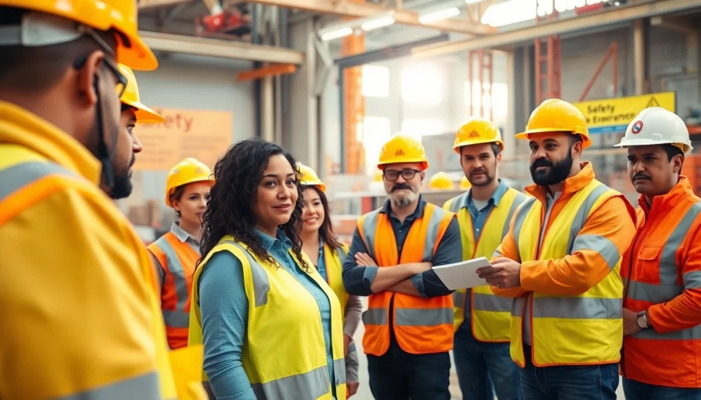Engaged workers practicing construction safety training in a vibrant, collaborative environment.