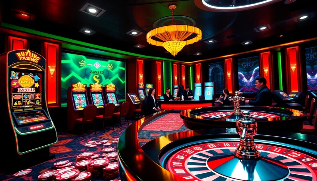 Une scène excitante d'un casino en ligne argent réel montrant des joueurs engagés avec des machines à sous vibrantes et une roue de roulette.