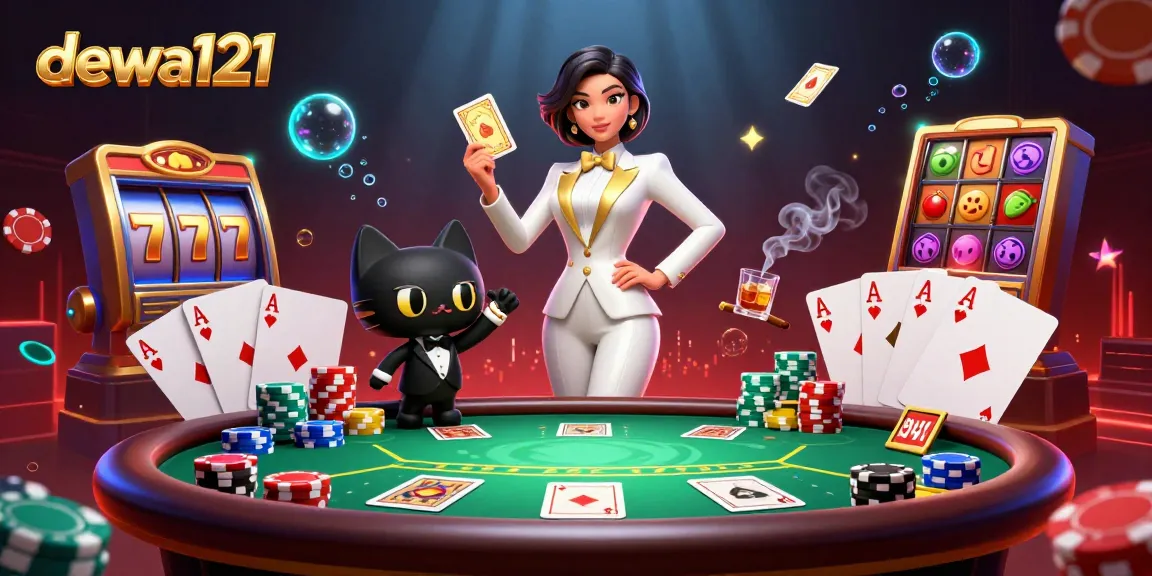 Rasakan slot di dewa121 dengan pemandangan glamor seorang wanita berpakaian tuxedo yang mengocok kartu.