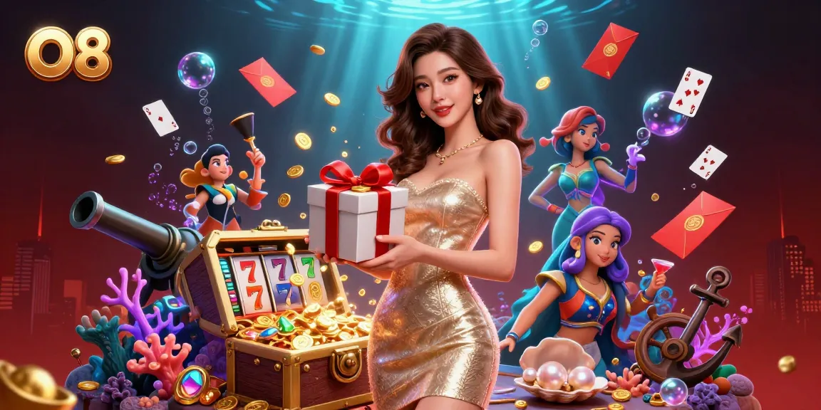 Win big at O8 with this vibrant casino illustration featuring festive elements and treasure.