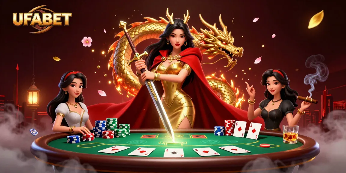 UFABET offers thrilling experiences with a captivating Asian warrior queen in a dynamic casino scene full of action.