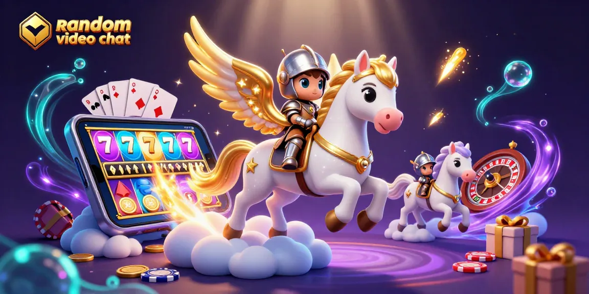 Engage in random video chat with stunning visuals of a mythical horse and knight amidst casino games.