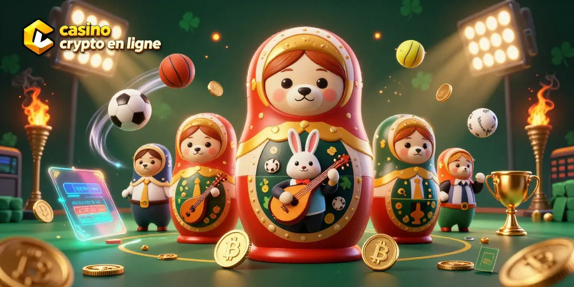 Inspirez-vous du casino crypto en ligne avec des ours matriochkas et des pièces en Bitcoin dans une scène animée.