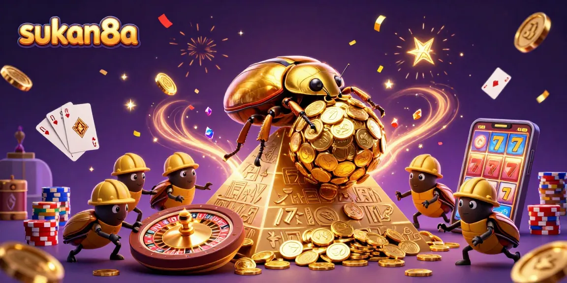 Experience thrilling action with sukan8a's vibrant casino illustration showcasing golden beetles and games.