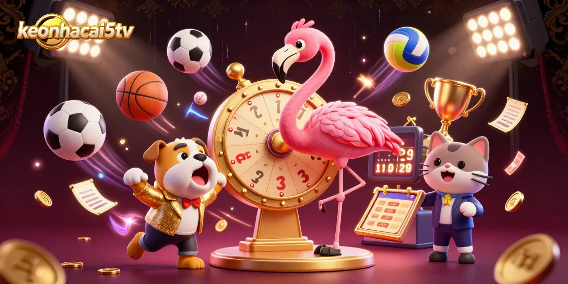 Engaging action at keonhacai5tv with a flamingo host, excited bulldog contestant, and vibrant sports elements.