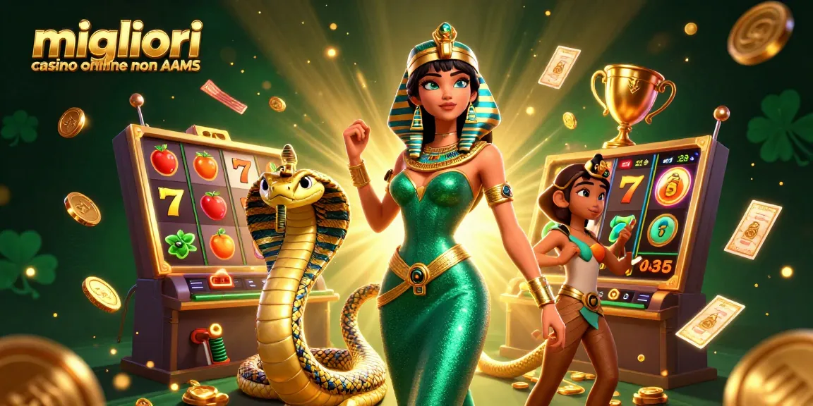 Migliori casino online non AAMS mostra rulli di slot dinamici con una donna straordinaria in verde smeraldo.