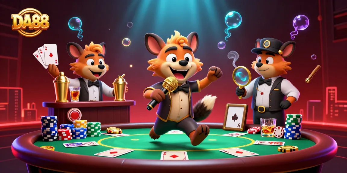 DA88 hyenas creating a lively casino atmosphere with poker elements and comedy, showcasing vibrant action.