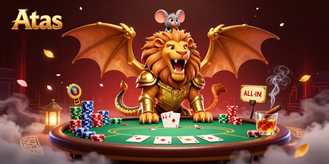 Engage with Atas online casino excitement through a golden-armored chimera and poker elements.