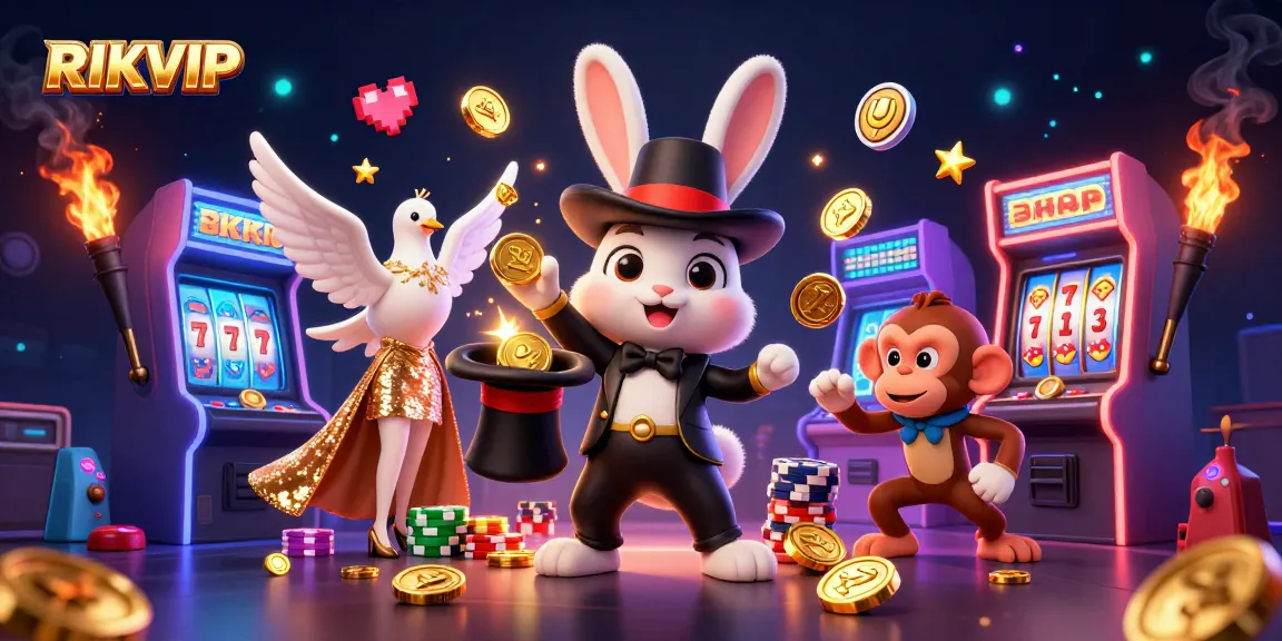 Experience thrilling wins at RIKVIP with the magical rabbit, dove, and monkey in a bustling casino scene.