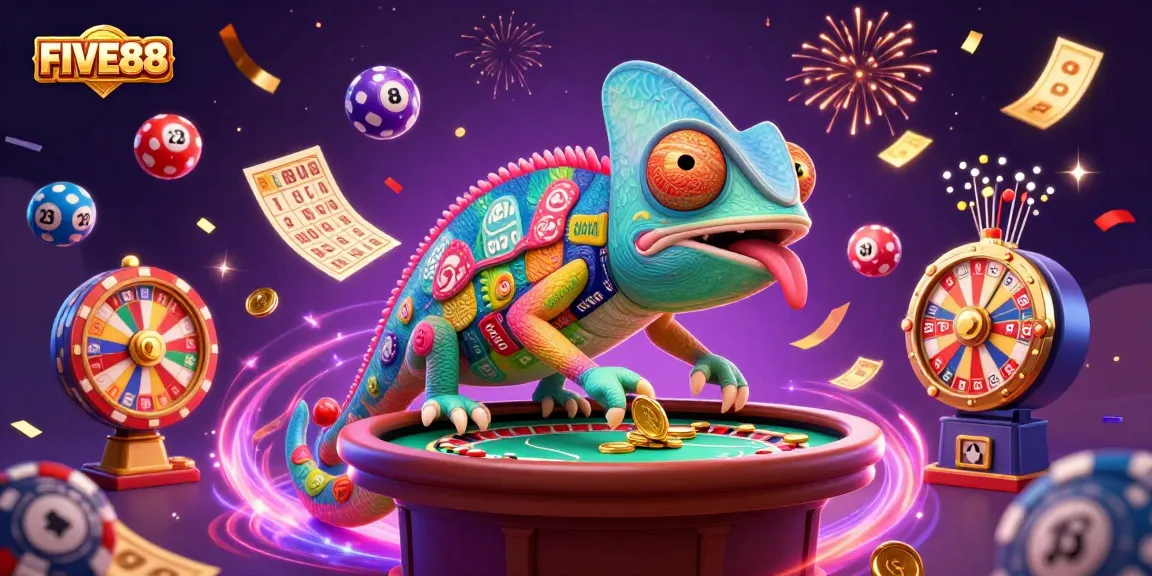 Experience the excitement of FIVE88 with a vibrant casino scene featuring a chameleon owner amidst colorful lottery elements.