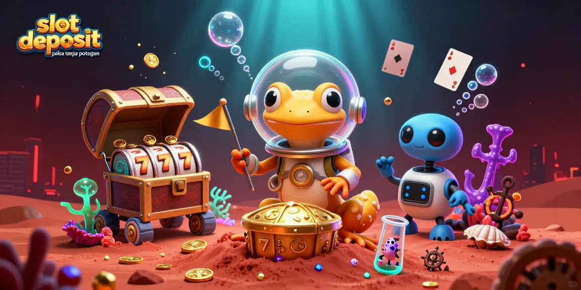 Menangkan slot deposit pulsa tanpa potongan dengan simbol slot yang mengelilingi karakter di dunia kasino futuristik.