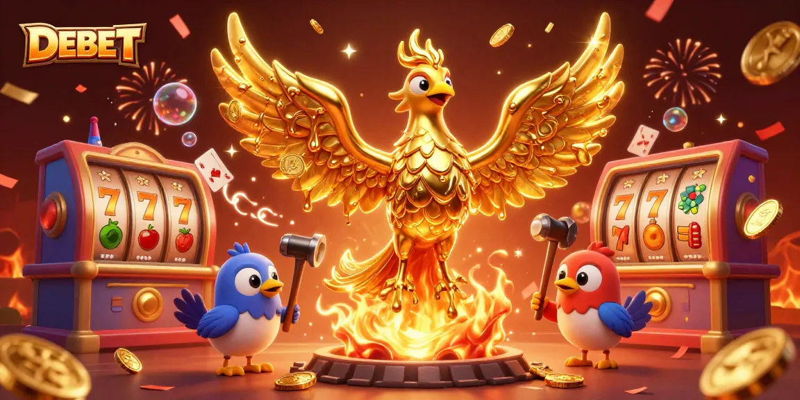 Engage with DEBET and experience the thrill of slot games amidst dynamic golden visuals.