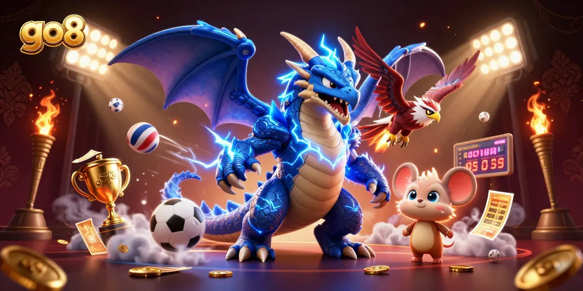 Engage with go 8 through a vibrant casino scene featuring animated dragons, hawks, and sports elements.