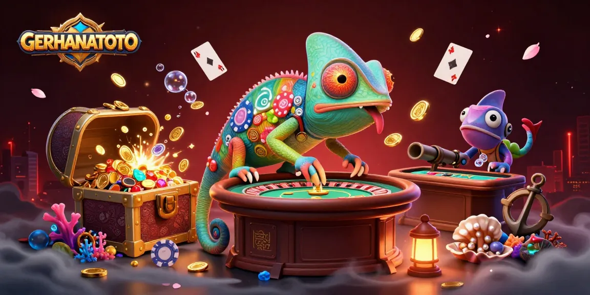 GERHANATOTO menampilkan chameleon kasino besar dengan warna chip poker, meraih koin emas dalam suasana meriah.