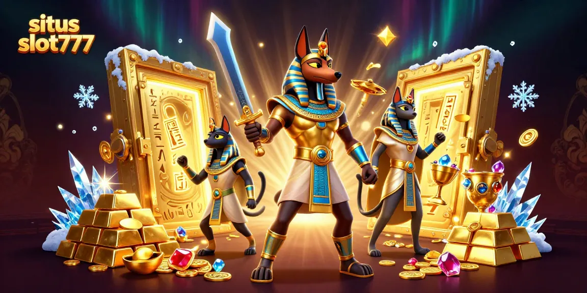 Permainan situs slot777 dengan Anubis dan Bastet dikelilingi emas dan harta karun.
