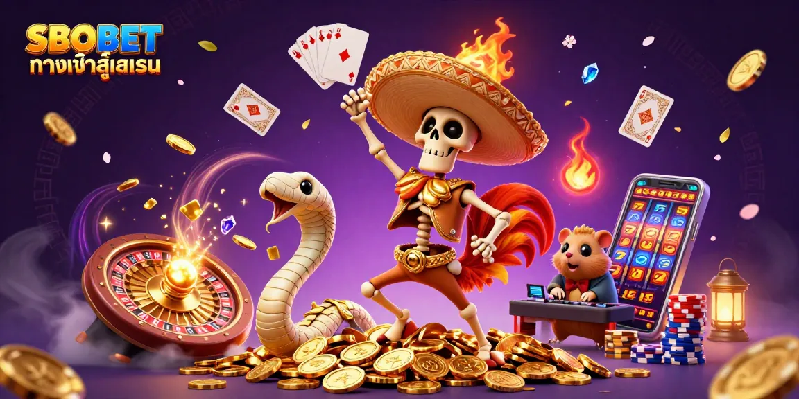 Experience the excitement with SBOBET ทางเข้าสู่ระบบ as the festive characters celebrate amidst cascading golden coins and casino elements.