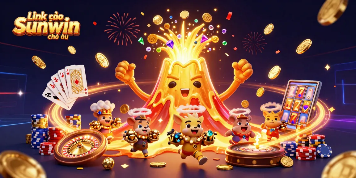 Play exciting casino games with "Link vào Sunwin chính thức" amidst a treasure-filled eruption of gold and gems.